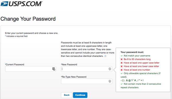 United States Postal Service dumb password rule screenshot